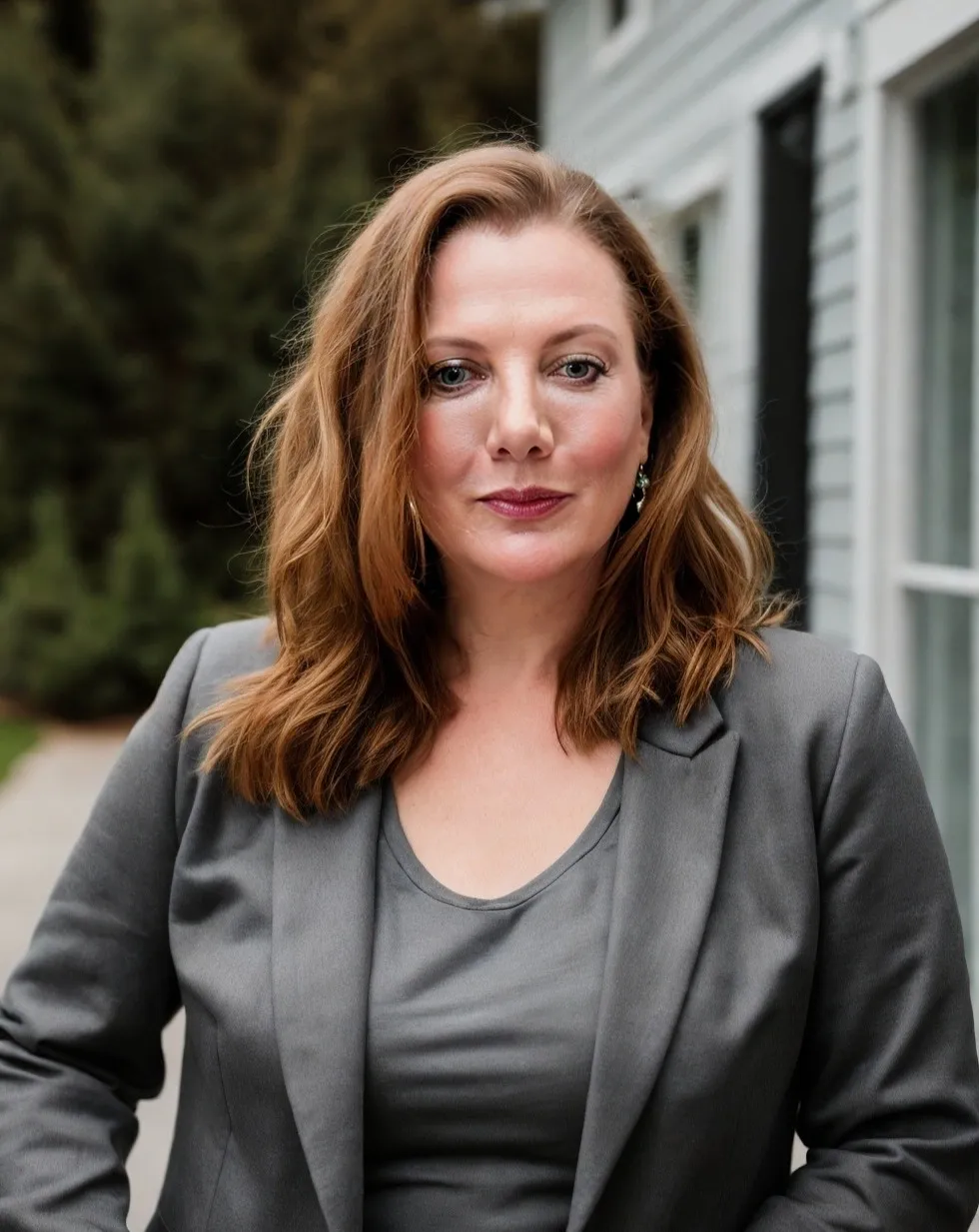 Woman in gray suit outside building.